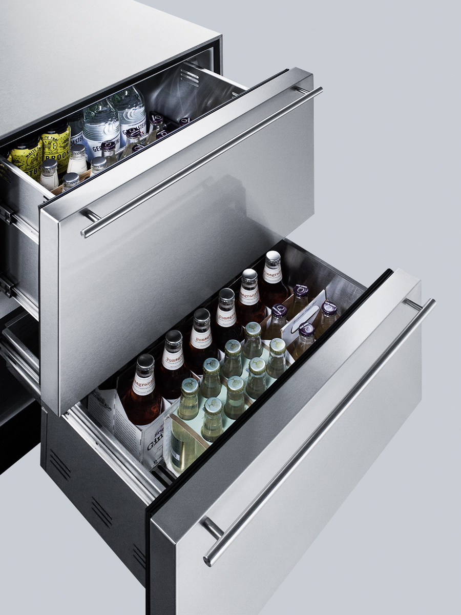 Commercially approved ADA compliant two-drawer refrigerator in stainless steel for built-in use